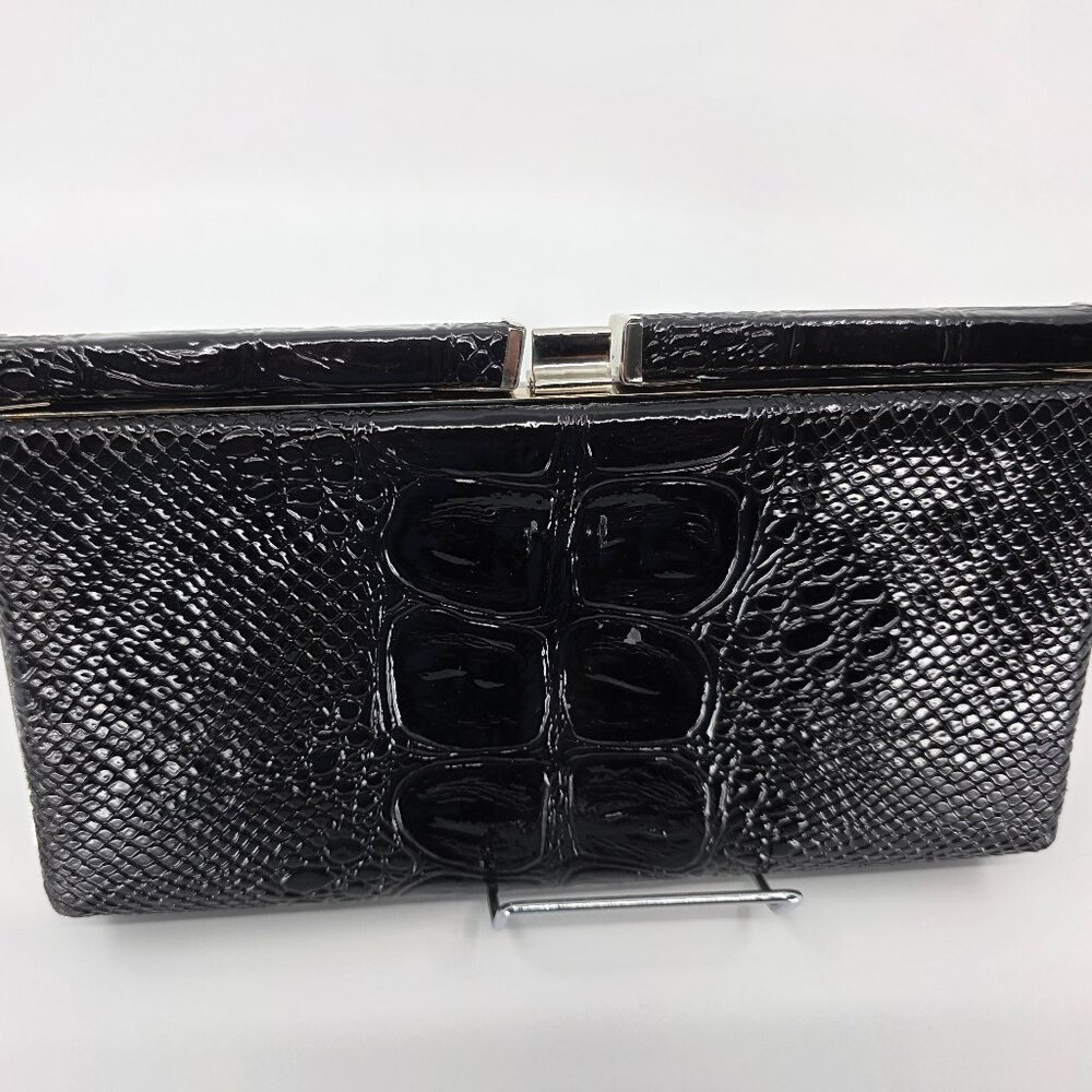 Vintage-Inspired Black Faux Crocodile Hard Shell Box Clutch Silver Frame